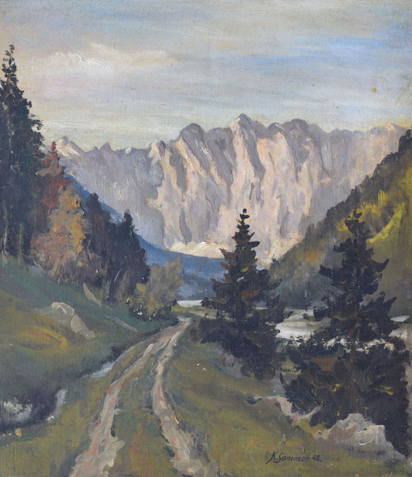 Konrad Sommer: Johannestal, Karwendel, 1942, Öl auf Leinwand, 39,5 x 33,5 cm, Privaltsammlung