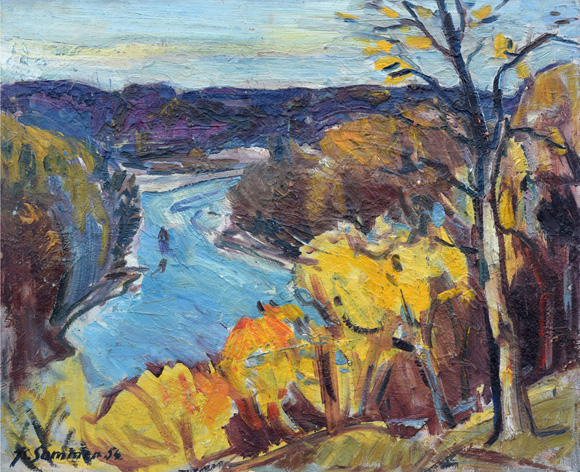 Konrad Sommer: Isar mit Georgenstein,  1954, Öl auf Karton, 50,2 x 60,0 cm 