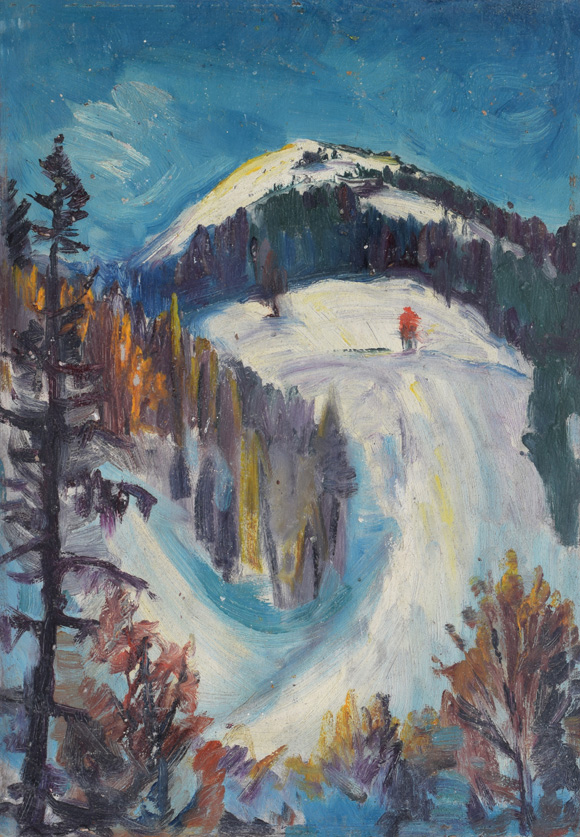 Konrad Sommer: Antonie Sommer als Skilangläuferin, um 1955, Öl auf Karton, 57,0 x 40,0 cm