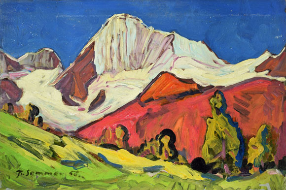 Konrad Sommer: Jungfrau von Wengen aus, 1958, Öl auf Karton, 40,6 x 60,5 cm