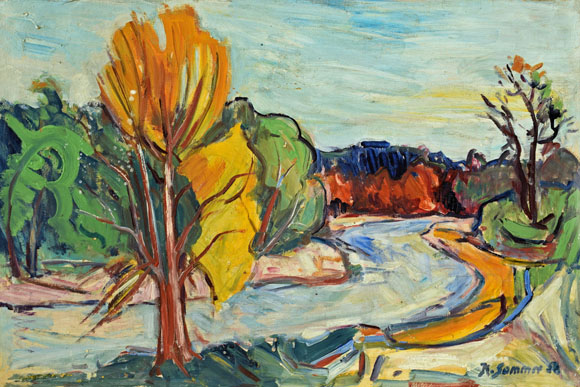 Konrad Sommer: An der Isar, 1958, Öl auf Karton, 48,5 x 74,6 cm