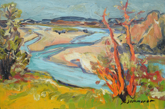 Konrad Sommer: Zusammenfluss von Isar und Loisach, 1960, Öl auf Karton, 40,0 x 60,3 cm 