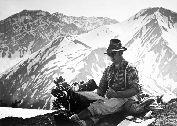 Konrad Sommer aquarellierend, Schwarz-Weiß-Fotografie, um 1965