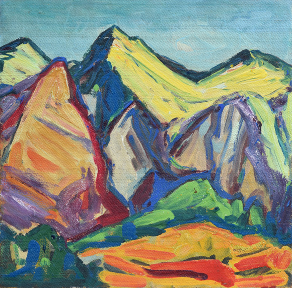 Konrad Sommer: Bergspitzen, um 1965, Öl auf Hartfaser, 57,5 x 58,6 cm