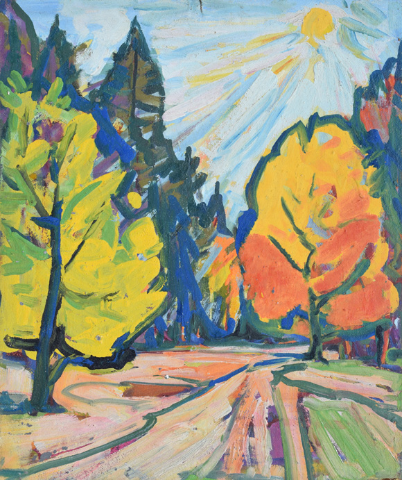Konrad Sommer: Waldweg, um 1965, Öl auf Hartfaser, 56,3 x 67,5 cm