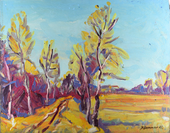 Konrad Sommer: Baumallee mit Feld, 1968, Öl auf Karton, 56,7 x 71,0 cm