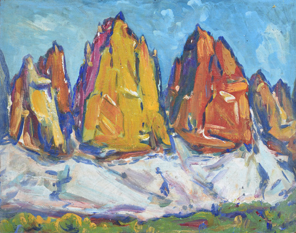Konrad Sommer: Drei Zinnen,  um 1968, Öl auf Hartfaser, 56,4 x 71,0 cm