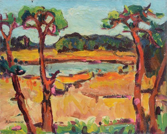 Konrad Sommer: An den Osterseen, 1970, Öl/Mischtechnik auf Hartfaser, 56,9 x 71,0 cm 