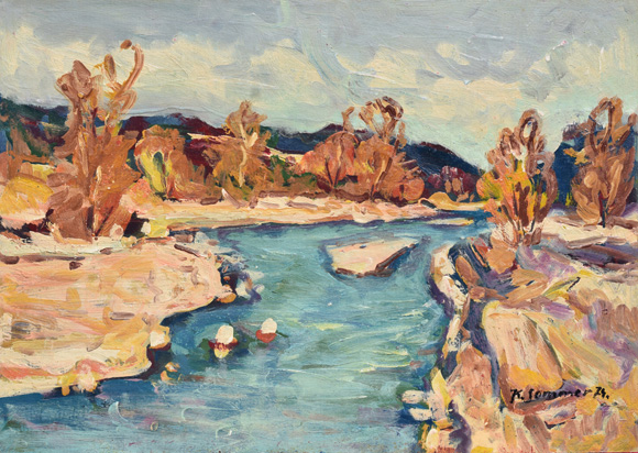 Konrad Sommer:  Pupplinger Au, Isar bei Eolfratshausen, 1974, Öl auf Karton, 57,0 x 80,0 cm