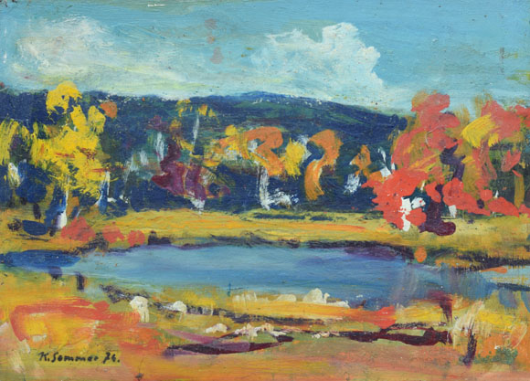 Konrad Sommer: Kleiner See mit Bäumen, 1974, Öl auf Karton, 38,0 x 53,0 cm