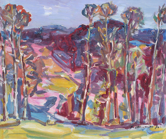 Konrad Sommer: Bäume und Voralpen, 1974, Öl auf Karton, 56,7 x 71,0 cm