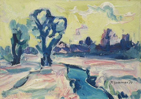 Konrad Sommer: Bach mit Graben, 1974, Öl auf Karton, 22,2 x 30,0 cm