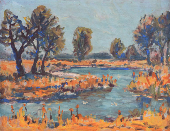 Konrad Sommer: An der Amper, um 1975, Öl auf Karton, 51,0 x 57,0 cm