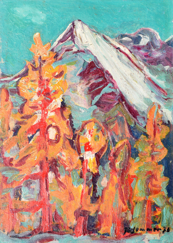 Konrad Sommer: Berg mit Tannen, 1976, Öl auf Karton, 52,9 x 38,4 cm