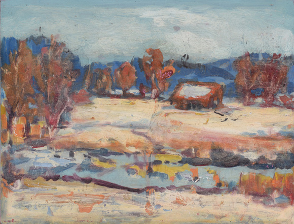 Konrad Sommer: Dachauer Moos, um 1976, Öl auf Karton, 38,0 x 53,0 cm