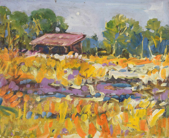Konrad Sommer: Dachauer Moos, um 1976, Öl auf Karton, 36,8 x 45,6 cm