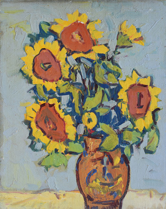 Konrad Sommer: Sonnenblumen, um 1976, Öl auf Hartfaser, 56,5 x 71,4 cm