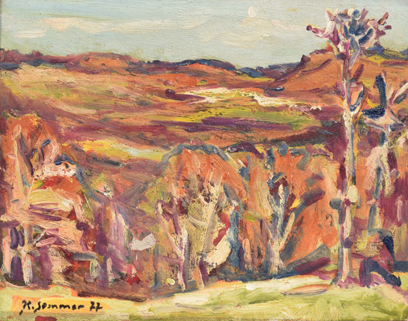 Konrad Sommer: Hügellandschaft im Spätwinter, 1977, Acryl/Öl auf Karton, 38,2 x 49,0 cm