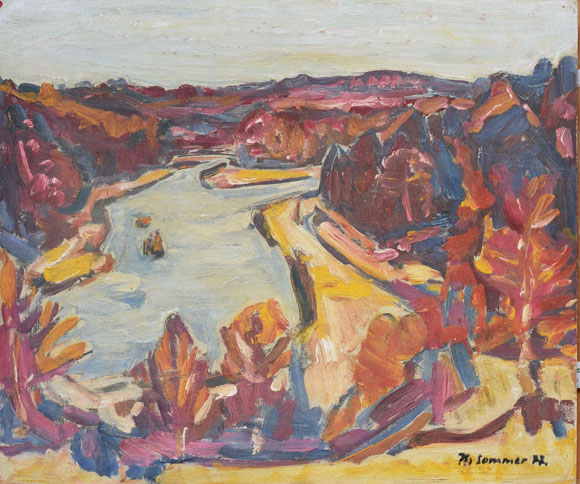 Konrad Sommer: Isar mit Georgenstein, 1977, Öl auf Karton, 54,0 x 65,0 cm