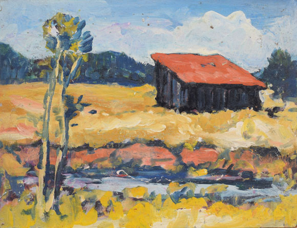 Konrad Sommer: Dachauer Moos, um 1978, Öl auf Karton, 37,0 x 48,0 cm