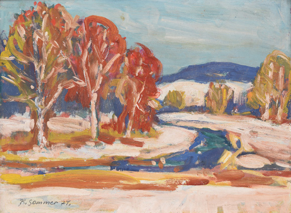 Konrad Sommer: Winterlandschaft mit Bäumen, 1979, Acryl/Öl auf Karton, 38,2 x 49,0 cm
