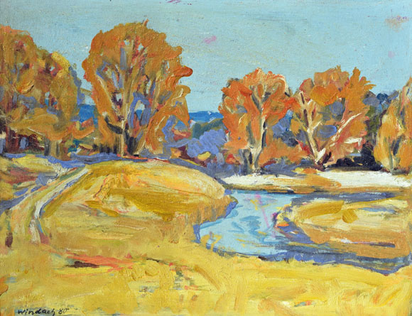 Konrad Sommer: Windach, 1980, Öl/Mischtechnik auf Karton, 38,0 x 49,0 cm 