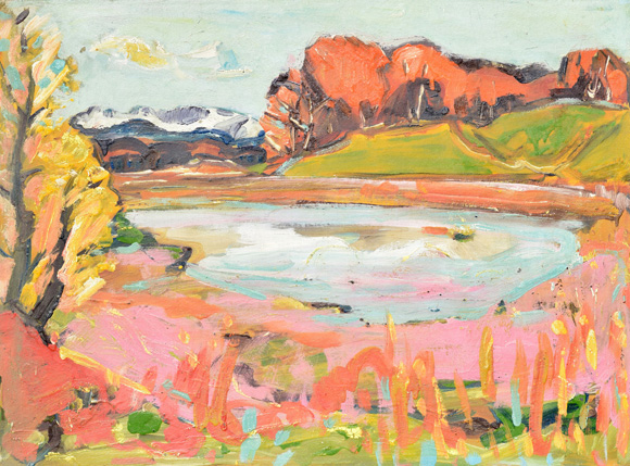 Konrad Sommer: Ostersee, Frühjahr, um 1982, Öl auf Karton, 59,5 x 79,8 cm