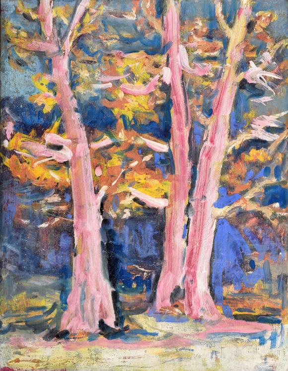 Konrad Sommer: Bäume in Pink, um 1982, Öl/Acryl auf Karton, 48,6 x 37,5 cm