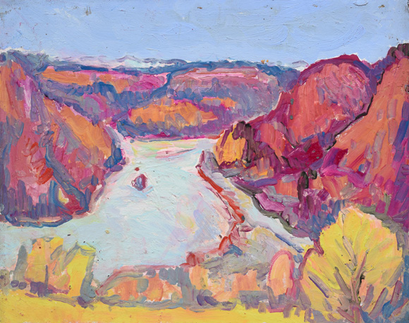 Konrad Sommer: Isar mit Georgenstein, um 1983, Öl auf Hartfaser, 56,5 x 71,0 cm 