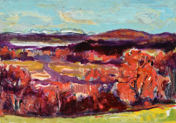 Konrad Sommer: Landschaft bei Murnau mit Staffelsee, um 1985, Öl auf Karton, 40,3 x 57,0 cm 