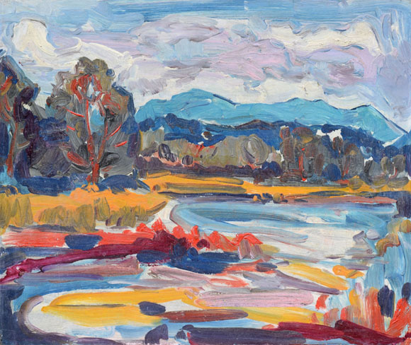 Konrad Sommer: Voralpenlandschaft,  um 1987, Öl auf Holz, 48,0 x 57,2 cm