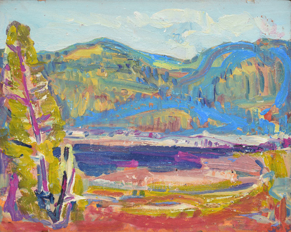 Konrad Sommer: Walchensee, um 1989, Öl auf Hartfaser, 56,4 x 71,2 cm 