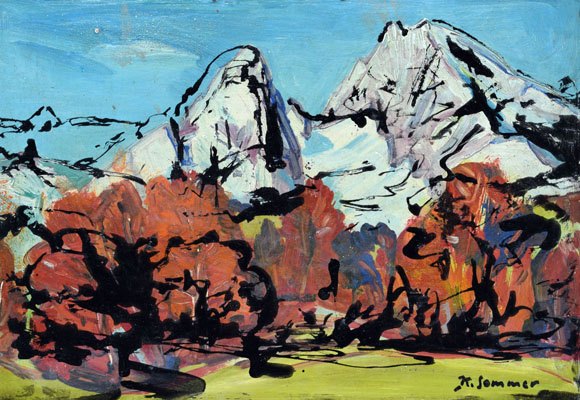 Konrad Sommer: Watzmann,  um 1990, Öl/Mischtechnik auf Hartfaser, 40,7 x 57,8 cm 