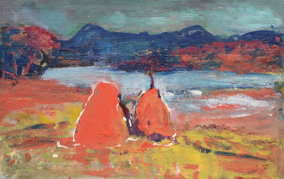 Konrad Sommer: Ostersee mit Heumanderln, um 1990, Öl auf Karton, 37,0 x 58,2 cm