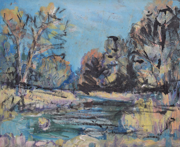 Konrad Sommer: An der Amper, um 1990, Öl auf Karton, 38,0 x 48,0 cm