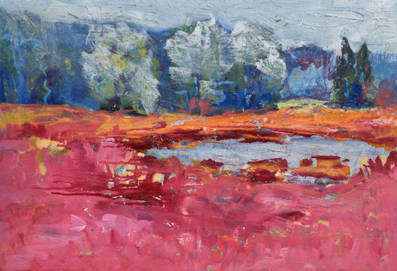 Konrad Sommer: Kleiner See mit Wald, um 1992, Acryl/Öl auf Karton, 39,8 x 58,8 cm