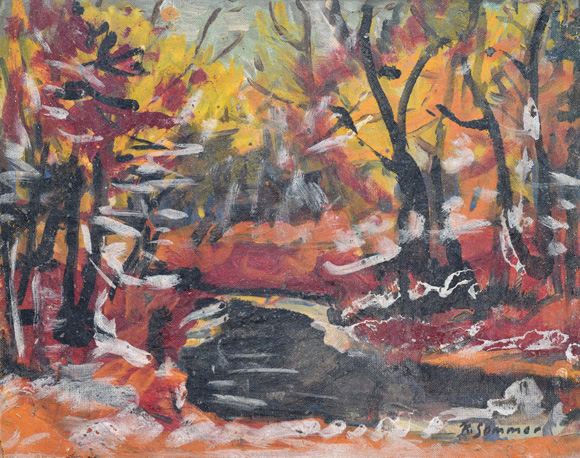 Konrad Sommer: Bäume an einem Flußlauf, um 1994, Acryl/Öl auf Hartfaser, 56,2 x 70,2 cm