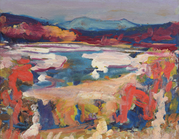 Konrad Sommer: Isar, um 1995, Öl auf Hartfaser, 37,0 x 46,0 cm