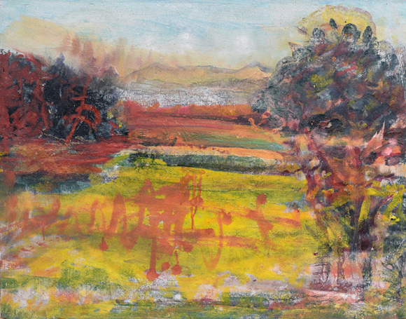 Konrad Sommer: Wiese mit Bäumen, um 1995, Acryl/Öl auf Hartfaser, 56,2 x 71,0 cm