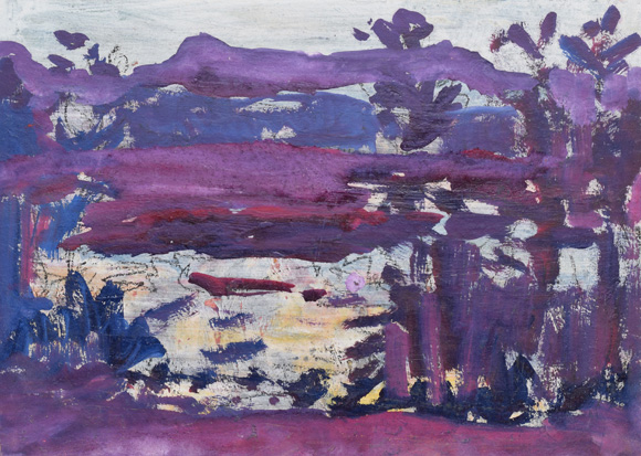 Konrad Sommer: See mit Blick auf Herzogstand und Heimgarten in Violett, um 1996, Acryl/Öl auf Karton, 38,0 x 51,5 cm
