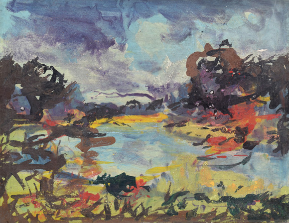 Konrad Sommer: Isar,  um 1996, Öl auf Karton, 37,8 x 49,0 cm