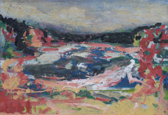 Konrad Sommer: Isar , um 1997, Öl auf Karton, 40,5 x 58,5 cm
