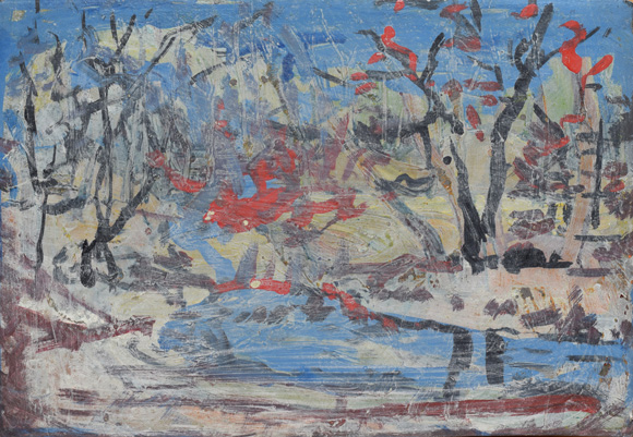 Konrad Sommer: Bäume und Teich im Winter, um 1997, Acryl/Öl auf Karton, 40,2 x 58,5 cm