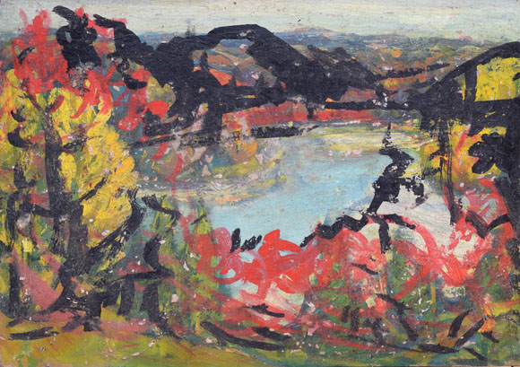 Konrad Sommer: Innere Landschaft mit Gewässer und Bergen, um 1997, Acryl/Öl auf Hartfaser, 40,0 x 57,0 cm