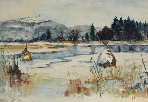 Konrad Sommer: Lustsee, 28.11.1947, Aquarellfarben auf Papier, 21,3 x 30,7 cm 