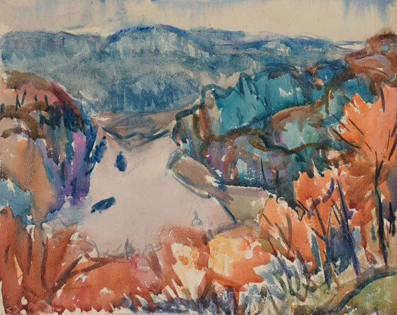 Konrad Sommer: Isar mit Georgenstein, 20.10.1951, Aquarellfarben auf Papier, 21,8 x 27,4 cm