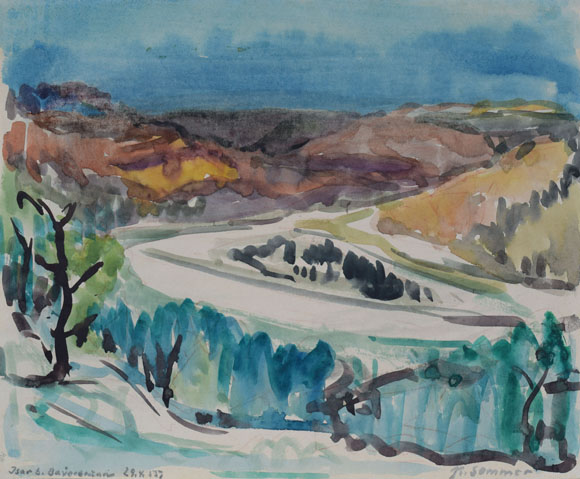 Konrad Sommer:  Isar bei Bayerbrunn, 29.05.1955, Aquarellfarben auf Papier, 23,2 x 28,4 cm