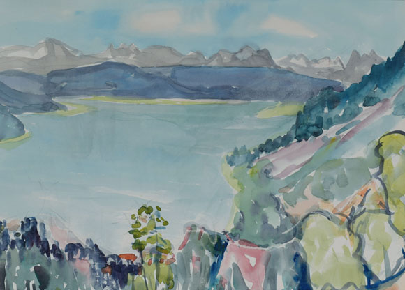 Konrad Sommer: Walchensee mit Karwendel, 25.08.1957, Aquarellfarben auf Papier, 26,4 x 33,8 cm
