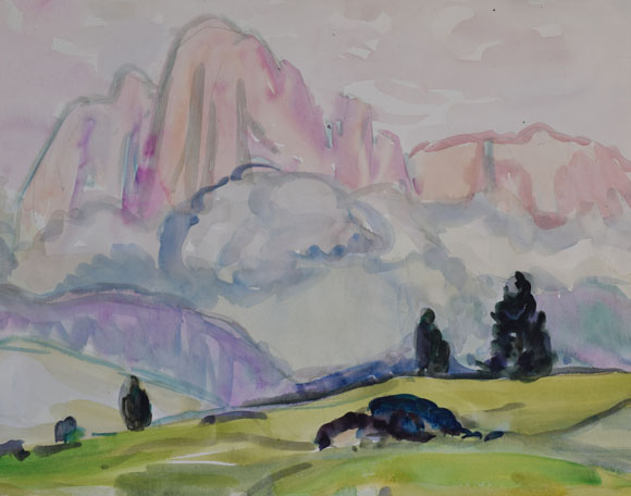 Konrad Sommer: Langkofel, 5.06.1960, Aquarellfarben auf Papier, 26,4 x 32,0 cm