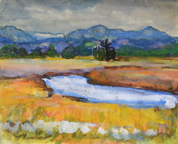 Konrad Sommer: Herzogstand mit Loisach, 9.06.1962, Aquarellfarben auf Papier, 29,1 x 36,0 cm